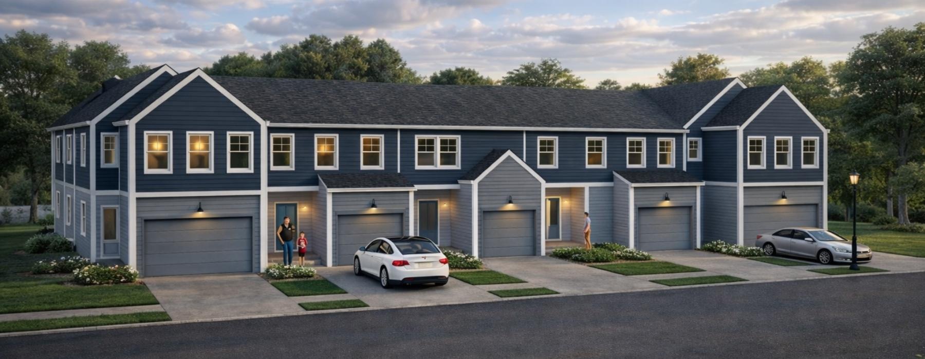a row of  townhomes with cars parked in front