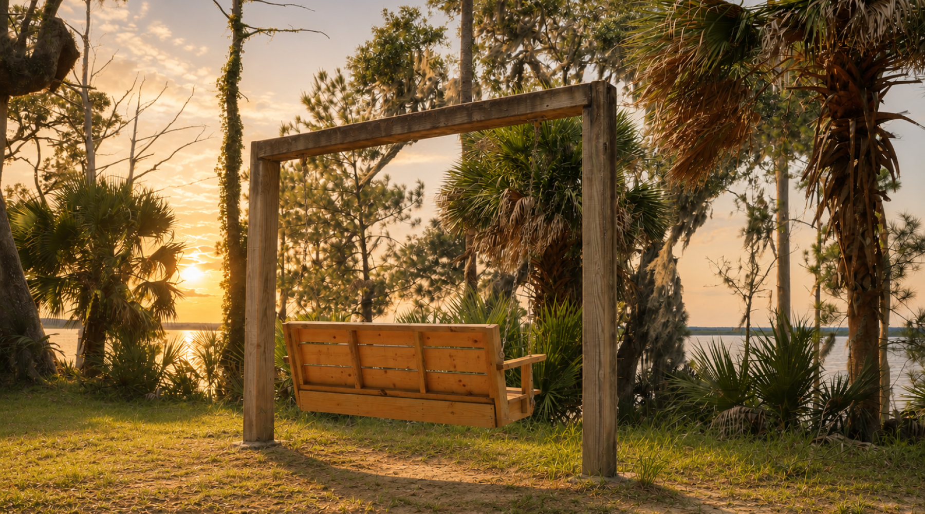 Swinging chair overlooking the water at fort mcallister state park